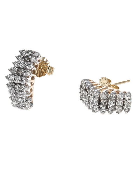 3 Row Diamond Curved Earrings in White and Yellow Gold